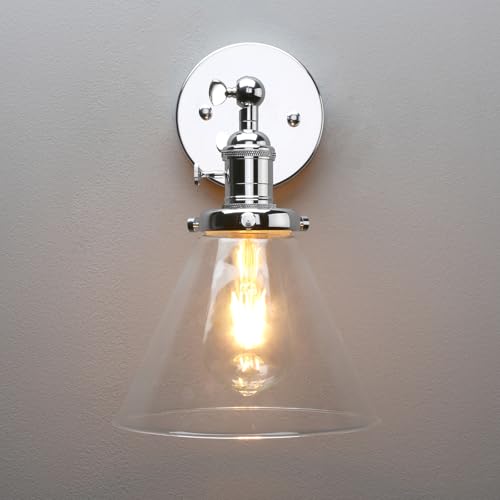 PERMO Single Sconce with Funnel Flared Glass Clear Glass Shade 1-Light Wall Sconce Wall Lamp (Chrome)