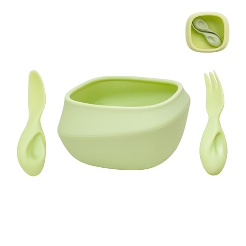 Tiny Genius Toddler Utensils - Baby Essentials with Bowl, Fork, and Spoon | Baby-Led Weaning Supplies (BLW) for 12M+ Self-Feeding, Functional Silicone Dinnerware Set - Boosts Fine Motor Skill (Green)