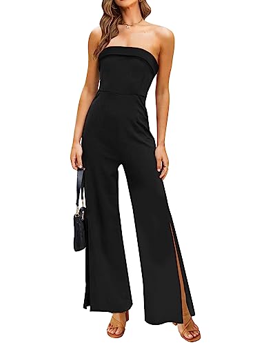ZESICA Women's 2024 Strapless Jumpsuit Casual Off Shoulder High Waist Wide Leg Side Slit Long Romper Playsuits with Pockets,DarkGreen,Small