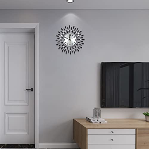 JUGV 19.7 INCH Black Wall Clock for Living Room Decor,Non-Ticking Quiet Metal Petals Dial Glass Big Wall Clocks Black for Bedrooms Kitchen and Small Space Decoration