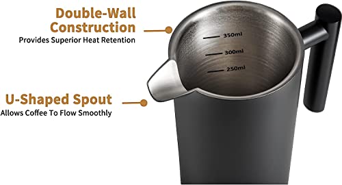 Miuly Stainless Steel Coffee Press, French Press Coffee Maker 12oz, Double Wall Insulated French Press 350ml with 2 Filter Mesh, Dishwasher Safe Coffee Pot, Black