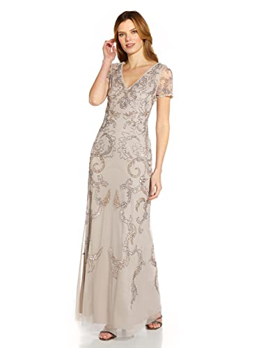 Adrianna Papell Women's V Neck Beaded Gown, Marble, 12