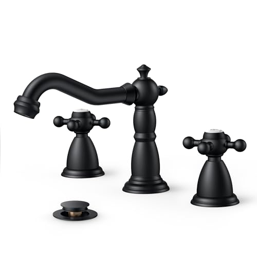 FORIOUS Antique Black Bathroom Faucets, Bathroom Sink Faucet Two Handle 3 Hole, Widespread Matte Black Bathroom Faucet with Metal Pop-up Drain & Supply Lines for 6''-12'' Sink, Farmhouse, Vanity
