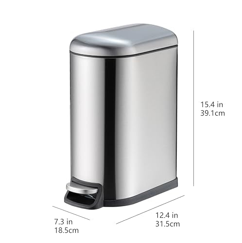 Amazon Basics Rectangular Small Trash Can with Lid and Soft-Close Foot Pedal for Bathroom, Bedroom, Living Room, Office, Smudge Resistant, 20l / 5.3 gallon, Nickel