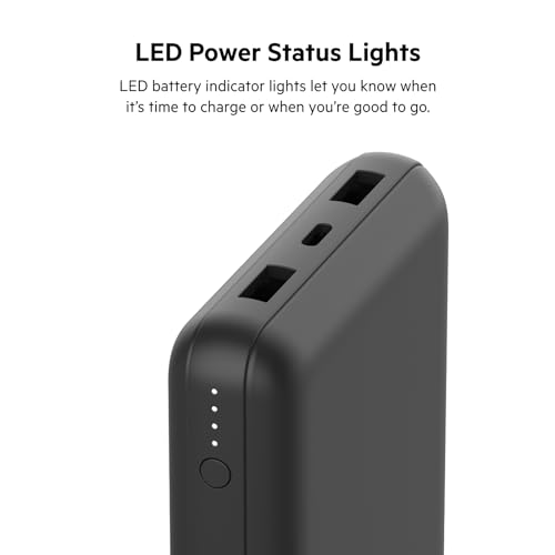 Belkin Power Bank, BoostCharge USB-C Portable Charger 20k w/ 1 USB-C Port and 2 USB-A Ports with USB-C to USB-A Cable for iPhone 16, 16 Pro, 16 Pro, 16 Pro Max, Samsung Galaxy S24, & More - Black