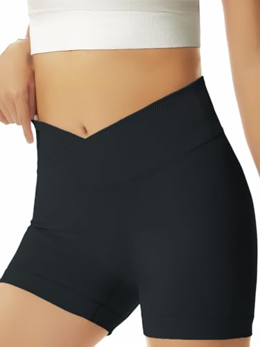 Girls Athletic Shorts Slim Tummy Control V Cross Waist Short Leggings Bike Dance Gymnastics Shorts Black