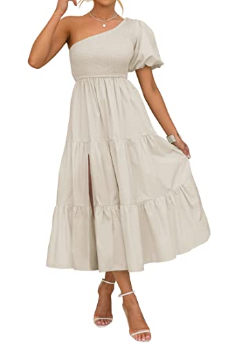 ZESICA Women's 2024 Boho Summer One Shoulder Short Sleeve Smocked Side Split Ruffle Swing Midi Dress White