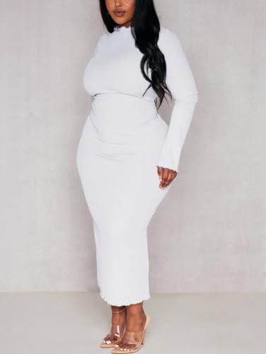 BEAGIMEG Women's Sexy Bodycon Plus Size Long Sleeve Rib Lettuce Hem Club Evening Party Maxi Dress White
