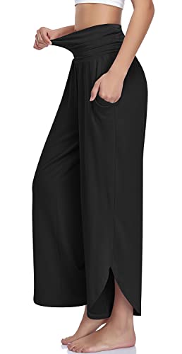UEU Women's Wide Leg Yoga Pants High Waisted Comfy Dance Sweatpants Loose Casual Soft Lounge Joggers with Pockets (Tie Dye Black Blue, M)