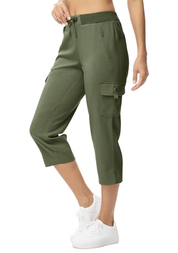 Womens Cargo Crop Pants Capris Bottoms Summer 4 Pockets Hiking Lightweight Quick Dry Athletic Joggers Army Green XS