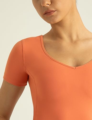 Colorfulkoala Women's Dreamlux V Neck Short Sleeve Yoga Shirts U-Back Workout Tops(XS, Carrot)