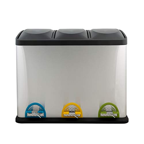 Organize It All 3 Compartment Step-On 45 Liter Recycling Trash Can, Stainless Steel