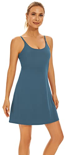 Leovqn Tennis Dress for Women Workout Athletic Dress with Built-in Bra & Shorts Exercise Dress for Golf Dress with Pockets - Indigo XXL