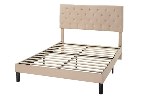 Allewie Full Size Bed Frame with Adjustable Headboard/Diamond Stitched Button Tufted/Fabric Upholstered Platform Bed Frame/Wood Slat Support/No Box Spring Needed/Easy Assembly, Beige