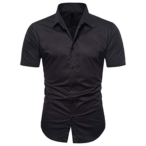 LOCALMODE Men's Regular Fit Cotton Business Casual Shirt Solid Short Sleeve Button Down Dress Shirts (Medium, Black Plaid)