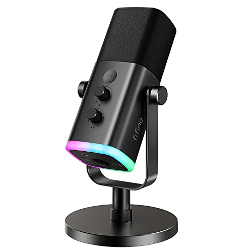 FIFINE XLR/USB Dynamic Microphone for Podcast Recording, PC Computer Gaming Streaming Mic with RGB Light, Mute Button, Headphones Jack, Desktop Stand, Vocal Mic for Singing YouTube-AmpliGame AM8