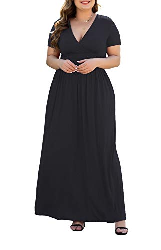 HAOMEILI Women's Short Sleeve Floral Print V Neck Loose Plain Maxi Dresses Casual Long Dresses with Pockets Blue 2XL
