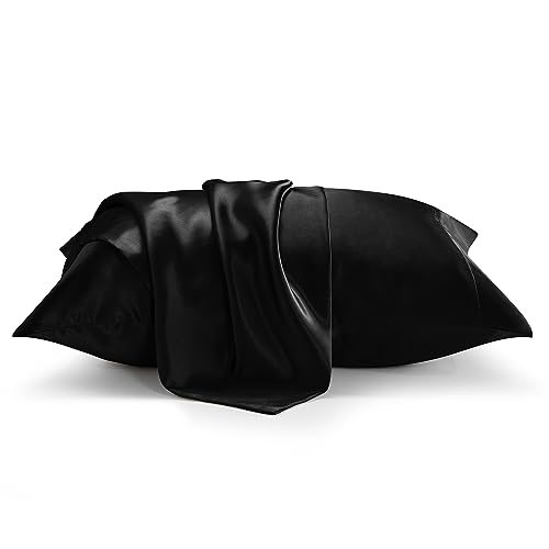 CozyLux Silk Satin Pillowcase for Hair and Skin Standard Set of 2 Soft Pillow Cases Silky Microfiber Bed Pillow Covers Wrinkle Resistant with Envelope Closure(Black, 20 x 26 Inches)