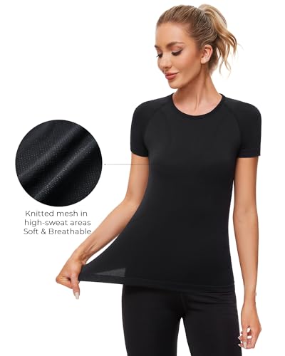 Womens Seamless Workout Tops Crewneck Athletic Shirts Summer Short Sleeve Breathable Yoga Gym Tees Black X-Small