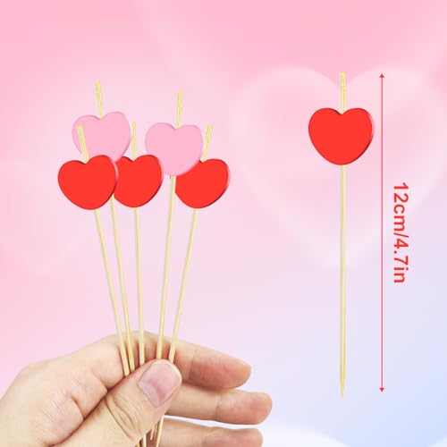 200 Pieces Valentine's Day Heart Toothpicks Cocktail Picks Assorted Handmade Red Pink Heart Fruits Bamboo Toothpicks for Valentine's Day Party Drink Fruit Dessert Food Appetizers Decoration