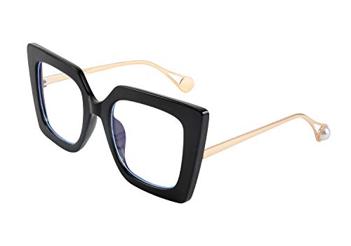 FEISEDY Oversized Square Anti Blue Light Glasses Block Eye Strain Glare Pearl Inlay Arm Cat Eye Fashion Glasses B2639