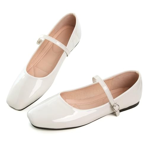 LUXINYU Mary Jane Shoes for Women Leather Flats Square Toe Adjustable Ankle Strap Ballet Dance Shoes Comfortable School Uniform Shoes,Silver 7
