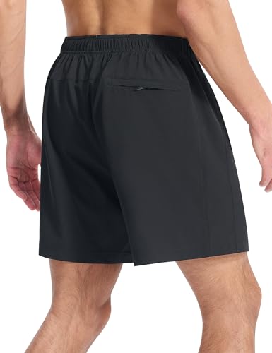 EZRUN Men's Athletic Running Shorts 7 inch Quick Dry Exercise Tennis Shorts Lightweight Workout Gym Shorts with Zipper Pockets,Black,S