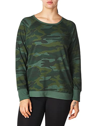 Danskin Women's Long Sleeve Printed Crew Neck Pullover, Forest Camo, Small