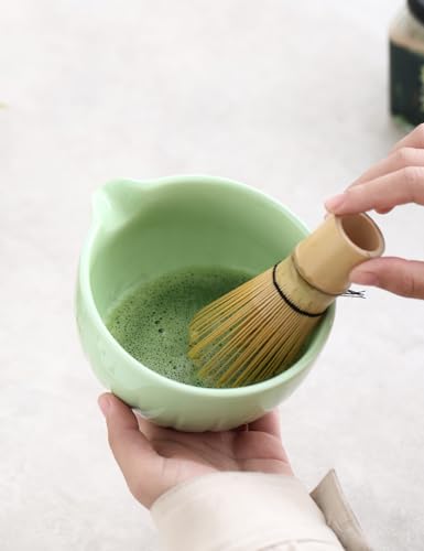 TANG PIN Matcha Set - Match Bowl with Spout and Whisk, 15 OZ, Matcha Scoop | Matcha Whisk Stand (Chasen Holder) - 4pc Perfect Matcha Kit for Matcha Tea Ceremony (Green)