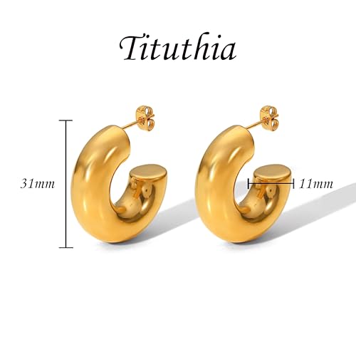 Tituthia Chunky Gold Hoop Earrings for Women, Trendy Simple 14K Gold Plated Thick Large Gold Hoop Earring for Women Hypoallergenic Lightweight Open Big Hoops Earrings Trendy Gold Jewelry Women