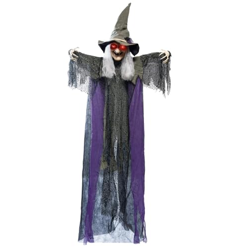 JOYIN 84” Hanging Talking Witch Halloween Decorations Outdoor Decor, Standing Flying Hover Witch Halloween Party Supplies Light Up Eyes Haunted House Front Porch Gard Yard Lawn