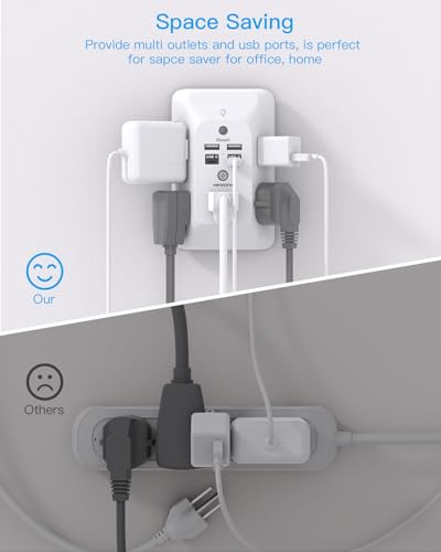 Multi Plug Outlet, Outlet Extender with 4 USB Ports (2 USB C) and Night Light, 1050J Surge Protector, Wall Mount, Outlet Splitter for Bathroom Kicthen Camper Dorm Room Essentials