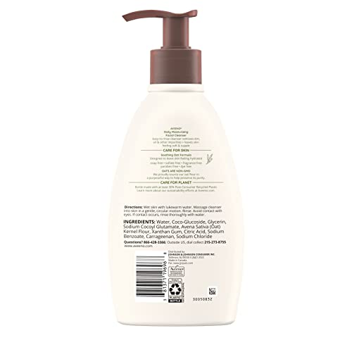 Aveeno Daily Moisturizing Facial Cleanser for Dry Skin, Gentle Face Cleanser with Soothing Oat for Skin that Feels Soft & Supple, Removes Dirt, Oil and Impurities, Fragrance Free, 12 FL OZ