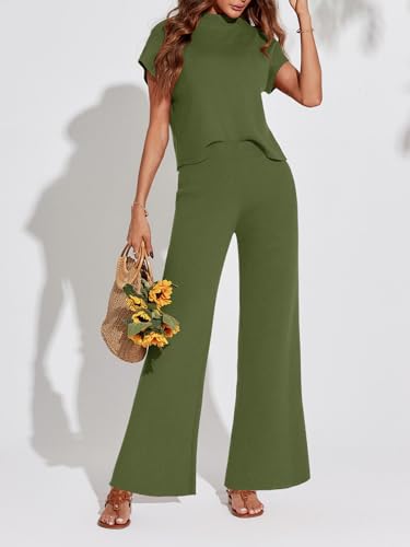 Imily Bela Women's 2 Piece Outfits Sweater Knit Sets Mock Neck Short Sleeve Tops Wide Leg Pants Casual Tracksuit