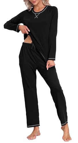 MoFiz Plaid Pajamas Set for Women Long Sleeve Pj Set Soft Sleepwear Plaid Pant with Pockets Black M