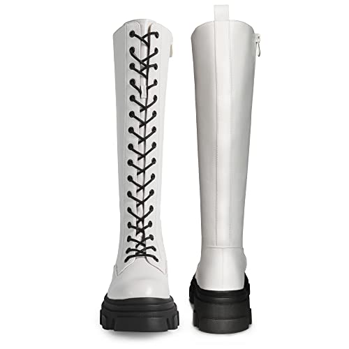 DREAM PAIRS Knee High Boots Women, Fashion Combat Boots Chunky Platform Lace Up Lug Sole Boots for Women,Size 10,White/PU,SDKB221W