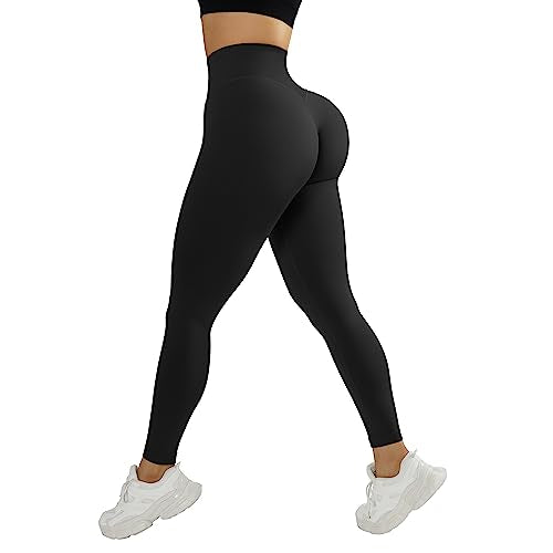 MOSHENGQI Seamless Workout Leggings for Women Butt Lifting High Waisted Tummy Control Yoga Pants(L,008-Black-tummy control)