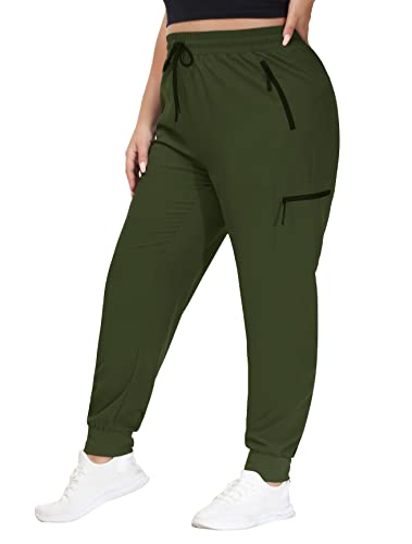 SEKINO Women's Plus Size Cargo Joggers Lightweight Quick Dry Hiking Pants Athletic Workout Outdoor Zipper Pockets Pants Army Green 1X