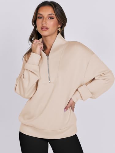 ANRABESS Women Oversized Half Zip Sweatshirts Long Sleeve Quarter Zip Pullover Hoodies Trendy 2024 Fall Outfits Apricot Small