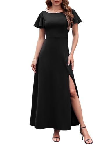 DRESSTELLS Formal Dress, Black Tie Wedding Guest Dress for Women, Long Cocktail Party Evening Maxi Dress, Summer Fit Flare Modest Funeral Dress 2024 Black S