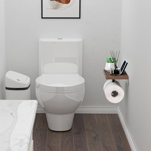 Tindbea Toilet Paper Holder with Wood Shelf, Wooden Wall Mount Tissue Paper Roll Holder, Matte Black Stainless Steel Bathroom Accessories Decor for Household Home Apartment Restroom Essential (Wenge)