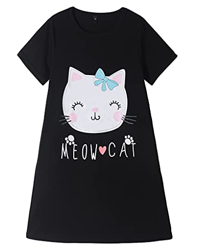 Hupohoi Big Girls' Short Sleeve Nightgown Lovely Cats Lazy Day Printed Sleep Dress PJS, Black-Cat, 12(US 8-11 Years)