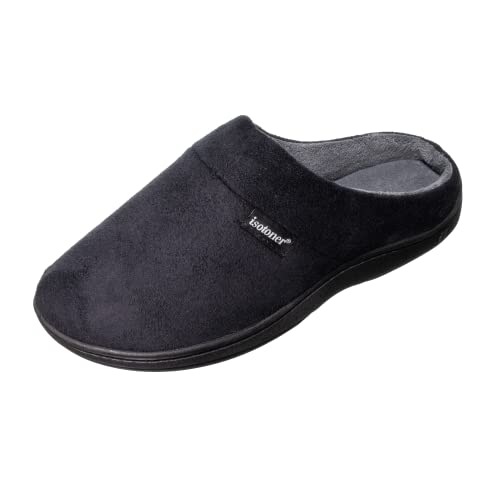 isotoner Men's Classic Microterry Slippers, Fuax Microsuede Black, 8-9