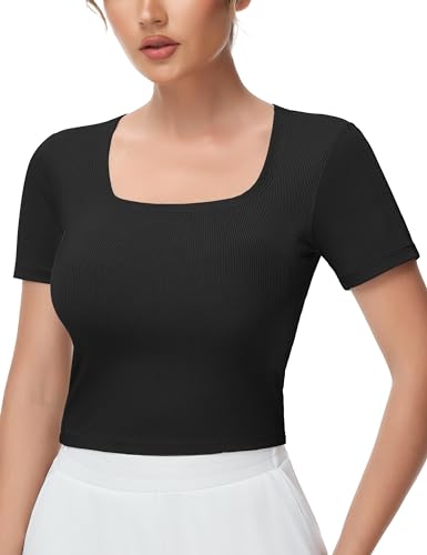 THE GYM PEOPLE Women's Workout Crop Tops Short Sleeve Ribbed Ice Silk Fabric Slim Fit Square Neck Running Shirts Black