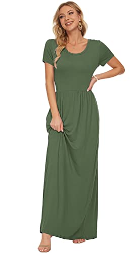 AUSELILY Women's Short Sleeve Loose Plain Casual Long Maxi Dresses for Women 2024 Print Green S