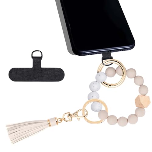 Lostars 2 Sets Leather Phone Wrist Strap, Detachable Cellphone Lanyard with Tether Tab, Elastic Hands-Free Wristlet Bracelet for Women (Beige-2)
