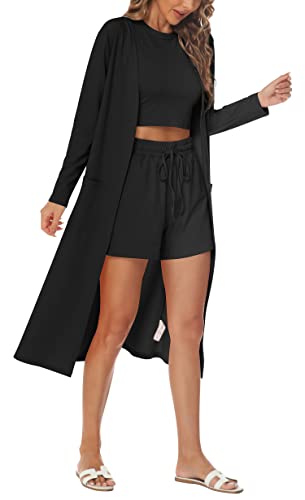 Lingswallow 3 Piece Lounge Sets for Women - Crop Top and Shorts and Cardigan Set Ribbed Lounge Set Loungewear Set Pajama Set