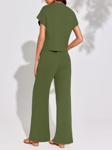 Imily Bela Women's 2 Piece Outfits Sweater Knit Sets Mock Neck Short Sleeve Tops Wide Leg Pants Casual Tracksuit