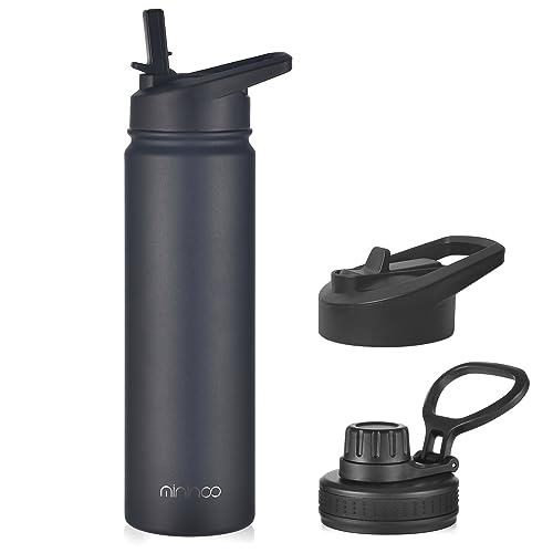 mininoo Insulated Stainless Steel Water Bottle with Straw and Lid for Sports, 24 oz, Black