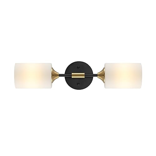 BYOLIIMA Industrial Mid Century Wall Sconce 2-Lights with White Cylinder Glass Shades Modern Bathroom Vanity Wall Lamp Matte Black and Gold Brushed Brass Finished Wall Light Fixture